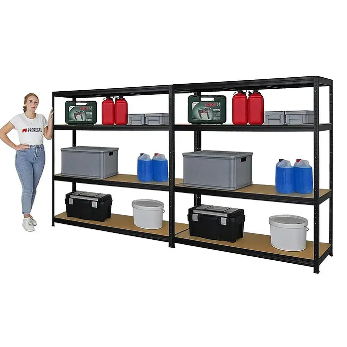 Proregal Schwerlastregal Mega Deal Giant Elephant - H x B x T: 160 x 150 x 45 cm, Traglast pro Boden: 200 kg, Anzahl Böden: 4 Stk., Stecken, Schwarz - Draufsicht auf zwei schwarze Metallregale mit vier Regalböden, die mit verschiedenen Gegenständen und einer Frau gefüllt sind.