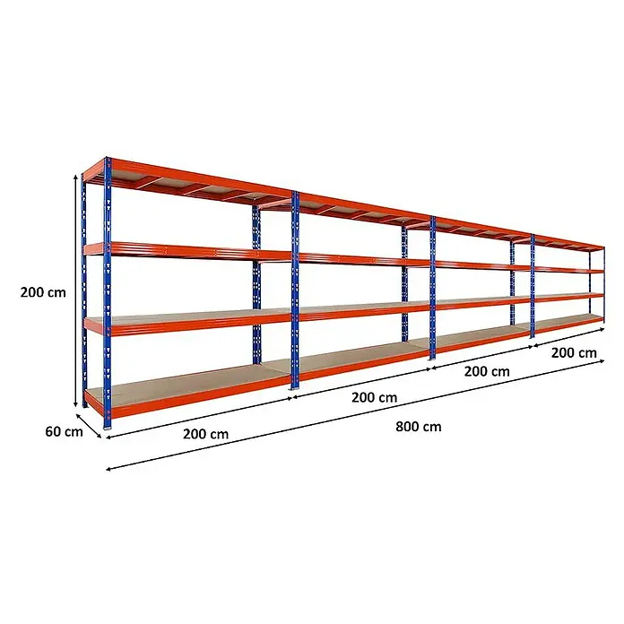 Proregal Schwerlastregal Mega Deal Profi RHINO - Traglast pro Boden: 500 kg, Anzahl Böden: 4 Stk., Stecken, Blau-Orange - Produktabbildung eines orangefarbenen Lagerregals mit vier Ebenen und blauen Stützen, das für schwere Lasten geeignet ist.