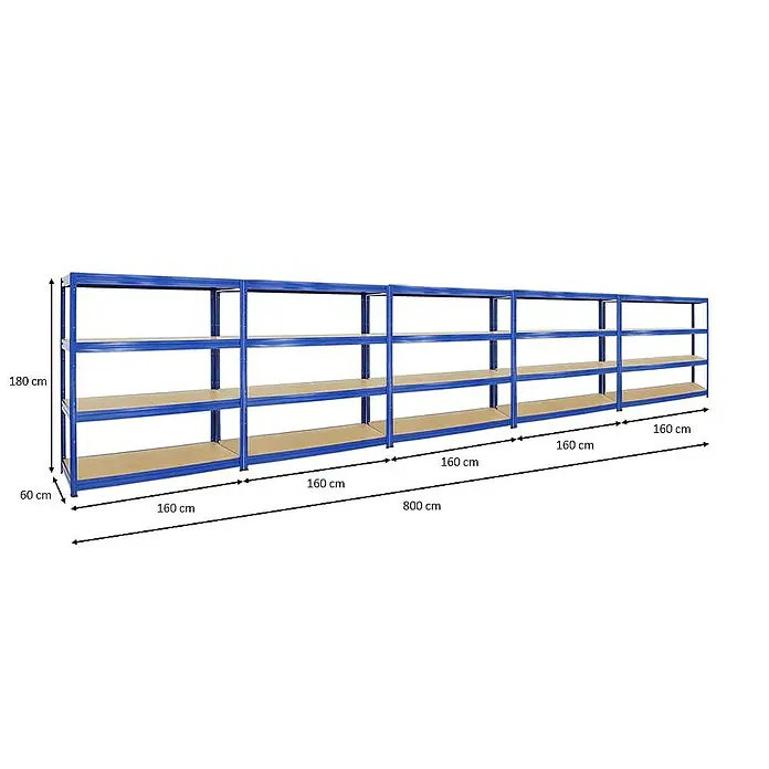 Proregal Schwerlastregal Mega Deal DINO - H x B x T: 180 x 160 x 60 cm, Traglast pro Boden: 600 kg, Anzahl Böden: 4 Stk., Stecken, Blau - Ansicht eines blauen Regalsystems mit Holzböden, das die Abmessungen Höhe 180cm, Tiefe 60cm und Gesamtlänge 800cm zeigt.