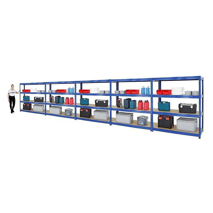 Proregal Schwerlastregal Mega Deal DINO - H x B x T: 180 x 160 x 60 cm, Traglast pro Boden: 600 kg, Anzahl Böden: 4 Stk., Stecken, Blau - Eine blaue Lagerregalkonstruktion mit Regalen, die mit verschiedenen Aufbewahrungsbehältern und Kisten bestückt sind, um Ordnung zu gewährleisten.