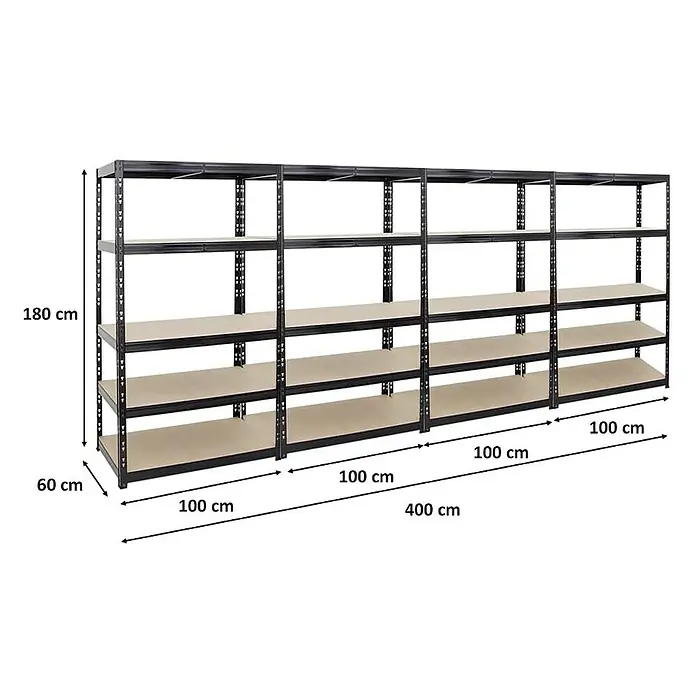 Proregal Schwerlastregal Mega Deal Tiger - Traglast pro Boden: 265 kg, Anzahl Böden: 5 Stk., Stecken, Verzinkt - Produktbild eines Schwerlastregals mit mehreren Ebenen und den Maßen 180x60x400 cm.