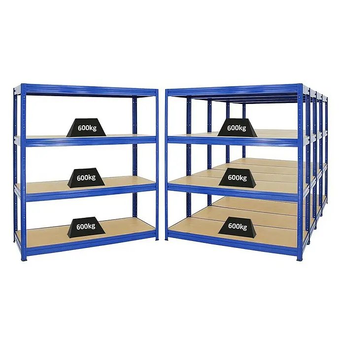 Proregal Schwerlastregal Mega Deal DINO - H x B x T: 180 x 160 x 60 cm, Traglast pro Boden: 600 kg, Anzahl Böden: 4 Stk., Stecken, Blau - Zwei blaue Schwerlastregale mit Holzböden, jeweils mit 600kg schweren, keilförmigen Gewichten auf den Regalböden.