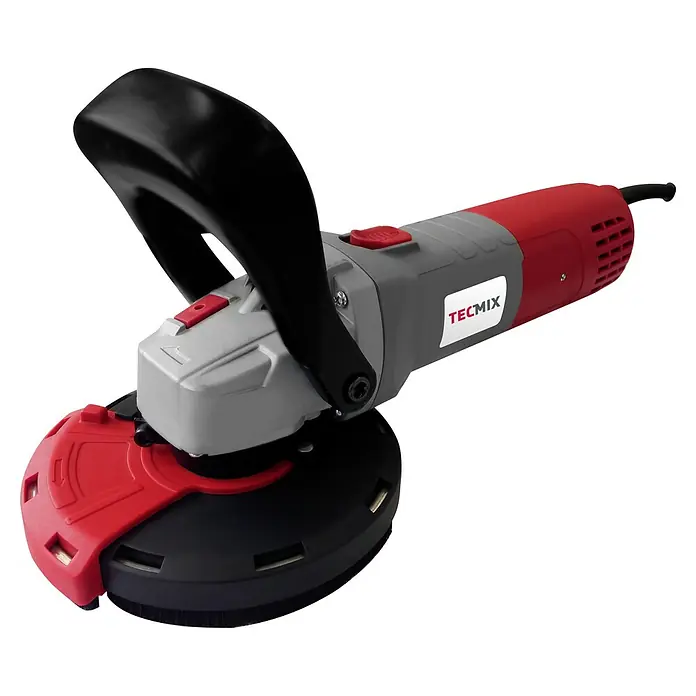 Berg Tecmix Betonschleifer TCG 125 - Leistungsaufnahme: 1.400 W, Leerlaufdrehzahl: 11.000 U/min, Durchmesser Scheibe: 125 mm - Aufnahme eines Winkelschleifers mit rot-grauem Gehäuse und schwarzem Griff.