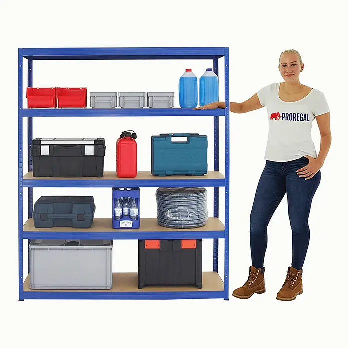 Proregal Schwerlastregal Mega Deal Giant Elephant - H x B x T: 180 x 150 x 45 cm, Traglast pro Boden: 200 kg, Anzahl Böden: 5 Stk., Stecken, Blau - Ein blaues Schwerlastregal mit fünf Ebenen, bestückt mit verschiedenen Aufbewahrungsboxen und Behältern.