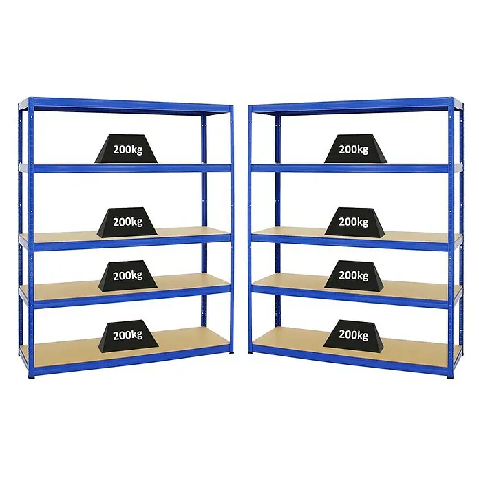 Proregal Schwerlastregal Mega Deal Giant Elephant - H x B x T: 180 x 150 x 45 cm, Traglast pro Boden: 200 kg, Anzahl Böden: 5 Stk., Stecken, Blau - Zwei blaue Metallregale, jedes mit fünf Regalböden, von denen jeder eine schwarze Last mit der Aufschrift "200kg" trägt.