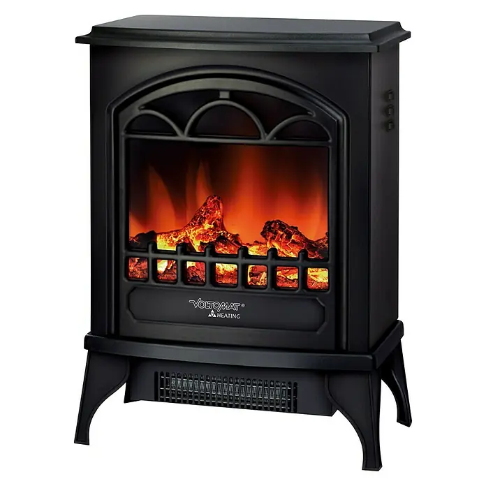 Voltomat HEATING Chimenea eléctrica Lisboa - 1.950 W, Negro, 24 x 39 x 56,5 cm - Primer plano de una chimenea eléctrica Voltomate con efectos de llama realistas, perfecta para una calidez y un ambiente acogedor.