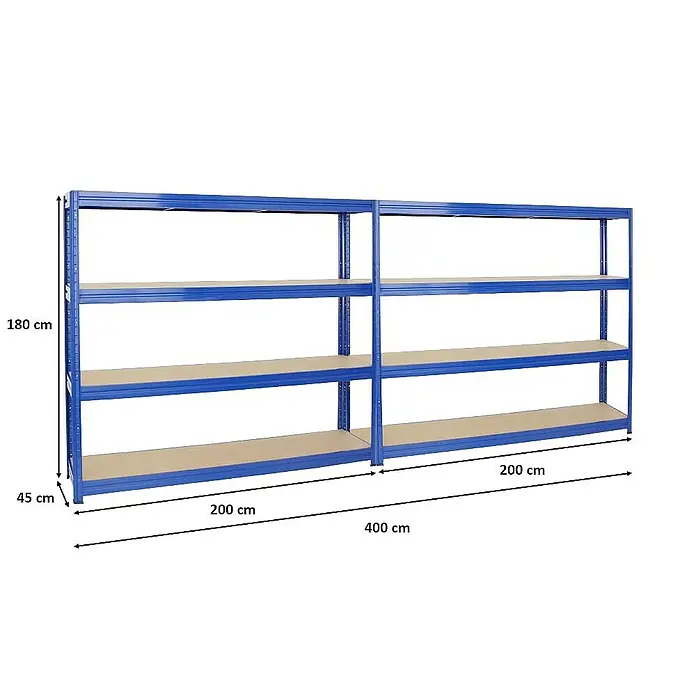 Proregal Schwerlastregal Mega Deal DINO - H x B x T: 200 x 200 x 45 cm, Traglast pro Boden: 500 kg, Anzahl Böden: 4 Stk., Stecken, Blau - Regal mit vier Ebenen und den Maßen 180 x 45 x 400 cm, ideal für Lagerung und Organisation.