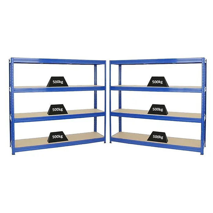 Proregal Schwerlastregal Mega Deal DINO - H x B x T: 200 x 200 x 45 cm, Traglast pro Boden: 500 kg, Anzahl Böden: 4 Stk., Stecken, Blau - Blaue Regaleinheiten mit Gewichten auf den Fachböden. Die Regale sind leer und mit Gewichten von 500 kg belastet.