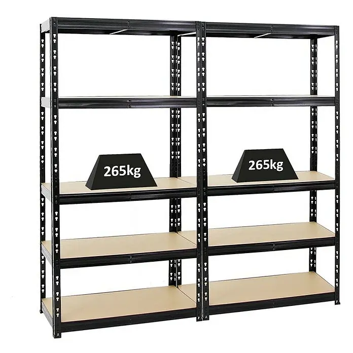 Proregal Schwerlastregal Mega Deal Tiger - Traglast pro Boden: 265 kg, Anzahl Böden: 5 Stk., Stecken, Schwarz - Abbildung eines schwarzen Metallregals mit hölzernen Regalböden, auf dem Gewichte von 265 kg platziert sind.