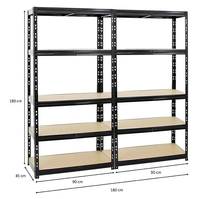 Proregal Schwerlastregal Mega Deal Tiger - Traglast pro Boden: 265 kg, Anzahl Böden: 5 Stk., Stecken, Schwarz - Abbildung eines schwarzen Metallregals mit Holzböden und Maßangaben. Es ist ideal für Lagerung und Organisation.