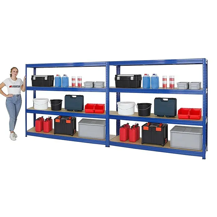 Proregal Schwerlastregal Mega Deal DINO - H x B x T: 200 x 200 x 45 cm, Traglast pro Boden: 500 kg, Anzahl Böden: 4 Stk., Stecken, Blau - Ein blaues, modulares Schwerlastregal mit vier Regalböden, beladen mit Aufbewahrungsboxen, Kanistern und Behältern in verschiedenen Farben.