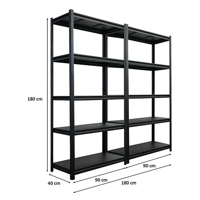 Proregal Schwerlastregal Mega Deal Thorin - Traglast pro Boden: 350 kg, Anzahl Böden: 5 Stk., Stecken, Schwarz - Metallregal mit fünf Ebenen, ideal für Lagerung und Organisation, mit den Maßen 180 cm Höhe, 90 cm Breite und 40 cm Tiefe.