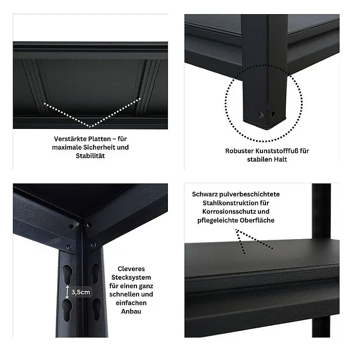 Proregal Schwerlastregal Mega Deal Thorin - Traglast pro Boden: 350 kg, Anzahl Böden: 5 Stk., Stecken, Schwarz - Details eines schwarzen Metallregals mit verstärkten Platten, robusten Füßen und cleverem Stecksystem für einfachen Aufbau.