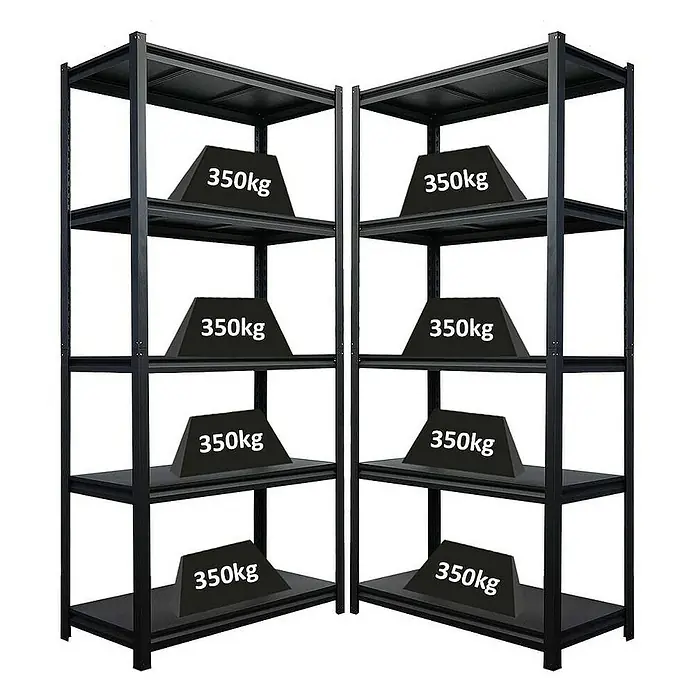 Proregal Schwerlastregal Mega Deal Thorin - Traglast pro Boden: 350 kg, Anzahl Böden: 5 Stk., Stecken, Schwarz - Schwarzes Metallregal mit fünf Ebenen, jede Ebene trägt eine 350 kg schwere Last. Ideal für Lagerung und Organisation.