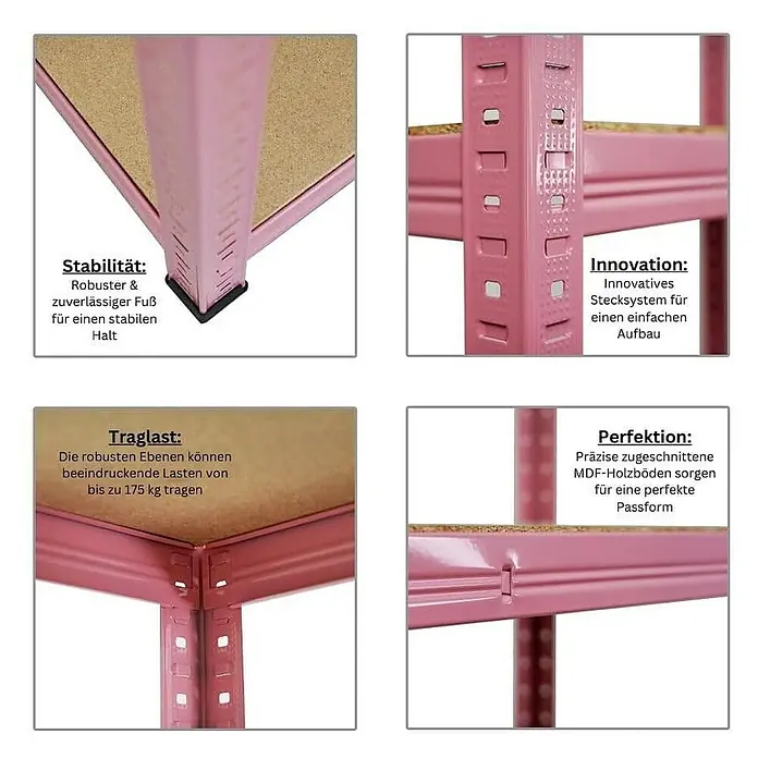 Proregal Schwerlastregal Mega Deal PINK LADY - Traglast pro Boden: 175 kg, Anzahl Böden: 5 Stk., Stecken, Rosa - Produktbild eines robusten Regals mit MDF-Holzböden, das Stabilität, Innovation, Traglast und Perfektion vereint.