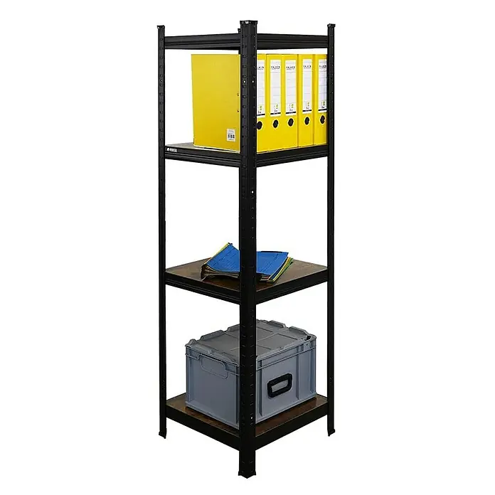 Proregal Metallregal All Black Series Ragnar - Traglast pro Boden: 100 kg, Anzahl Böden: 4 Stk., Stecken, Schwarz - Das Bild zeigt ein Regal mit vier Ebenen, das mit Ordnern, Notizblöcken und einer grauen Aufbewahrungsbox bestückt ist.