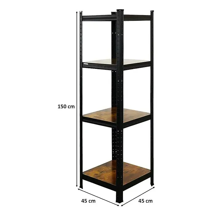 Proregal Metallregal All Black Series Ragnar - Traglast pro Boden: 100 kg, Anzahl Böden: 4 Stk., Stecken, Schwarz - Dieses Bild zeigt ein Regal mit vier Ebenen, das 150 cm hoch und 45 cm breit ist. Es ist ein praktisches Möbelstück zur Aufbewahrung.