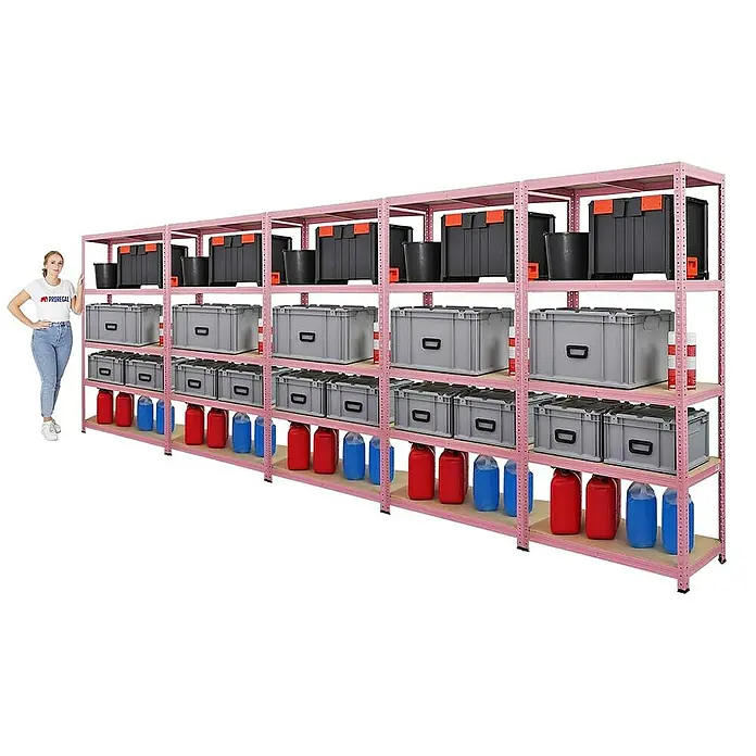 Proregal Schwerlastregal Mega Deal PINK LADY - Traglast pro Boden: 175 kg, Anzahl Böden: 5 Stk., Stecken, Rosa - Regalsystem in Rosa mit grauen Kisten, schwarzen Boxen und roten und blauen Behältern zur Lagerung.