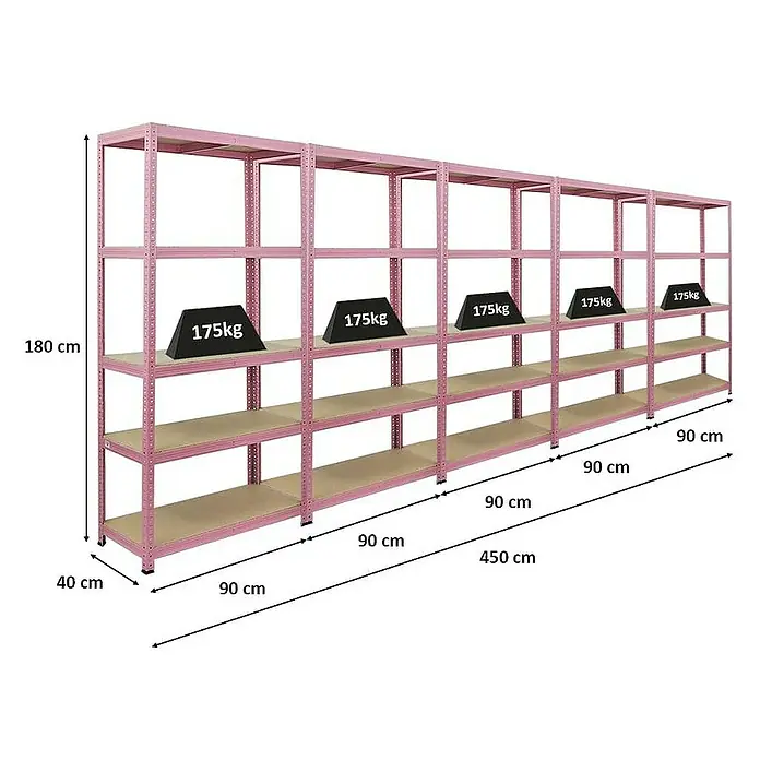 Proregal Schwerlastregal Mega Deal PINK LADY - Traglast pro Boden: 175 kg, Anzahl Böden: 5 Stk., Stecken, Rosa - Abbildung eines Regalsystems in Rosa mit mehreren Ebenen und Gewichten. Die Maße sind auf dem Bild angegeben.