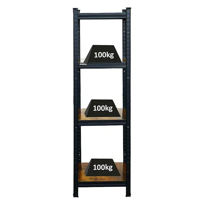 Proregal Metallregal All Black Series Ragnar - Traglast pro Boden: 100 kg, Anzahl Böden: 4 Stk., Stecken, Schwarz - Ein Regal mit drei Ebenen, jede mit einem Gewicht von 100 kg belastet, ideal für schwere Lasten und Lagerung.