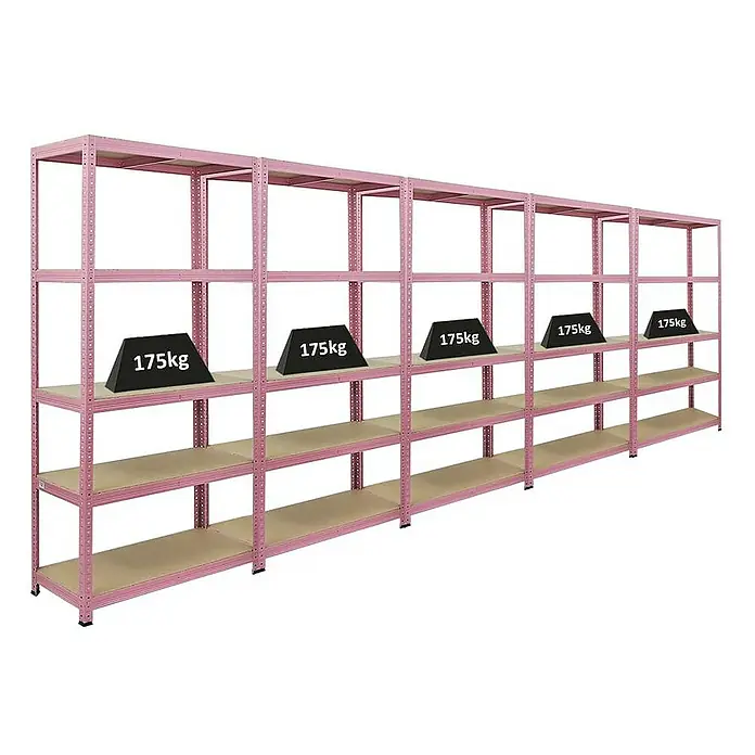 Proregal Schwerlastregal Mega Deal PINK LADY - Traglast pro Boden: 175 kg, Anzahl Böden: 5 Stk., Stecken, Rosa - Rosafarbenes Schwerlastregal mit fünf trapezförmigen Gewichten von 175 kg. Robustes und geräumiges Metallregal für Lagerung und Ordnung.