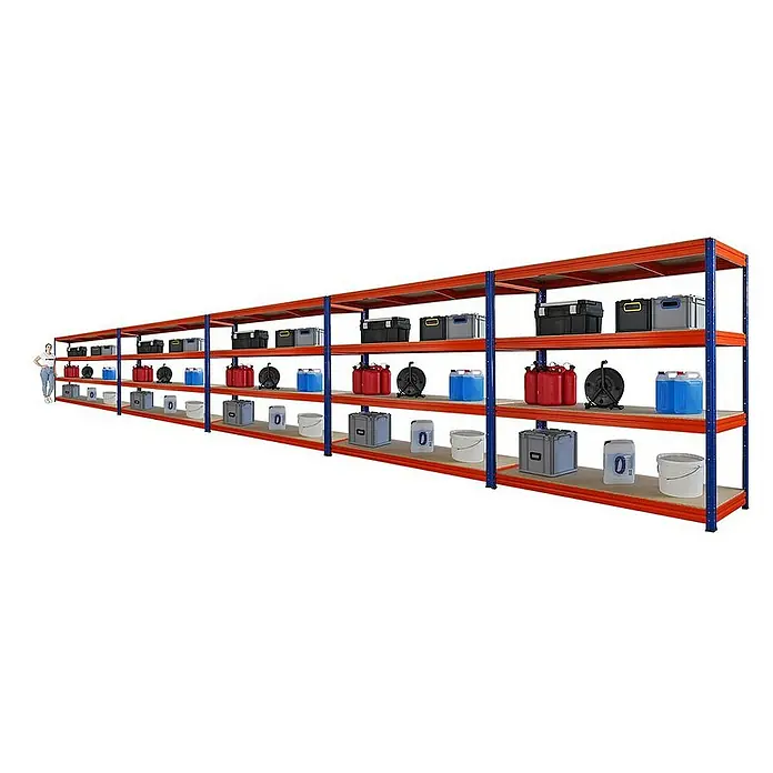 Proregal Schwerlastregal Mega Deal DINO - H x B x T: 180 x 200 x 60 cm, Traglast pro Boden: 500 kg, Anzahl Böden: 4 Stk., Stecken, Blau-Orange - Lange Regale mit Werkzeugkisten, Kanistern und Eimern, die eine umfassende Aufbewahrungslösung bieten.