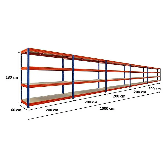 Proregal Schwerlastregal Mega Deal DINO - H x B x T: 180 x 200 x 60 cm, Traglast pro Boden: 500 kg, Anzahl Böden: 4 Stk., Stecken, Blau-Orange - Darstellung eines langen, modularen Lagerregals mit vier Ebenen, ideal für die Organisation von Lagerflächen.