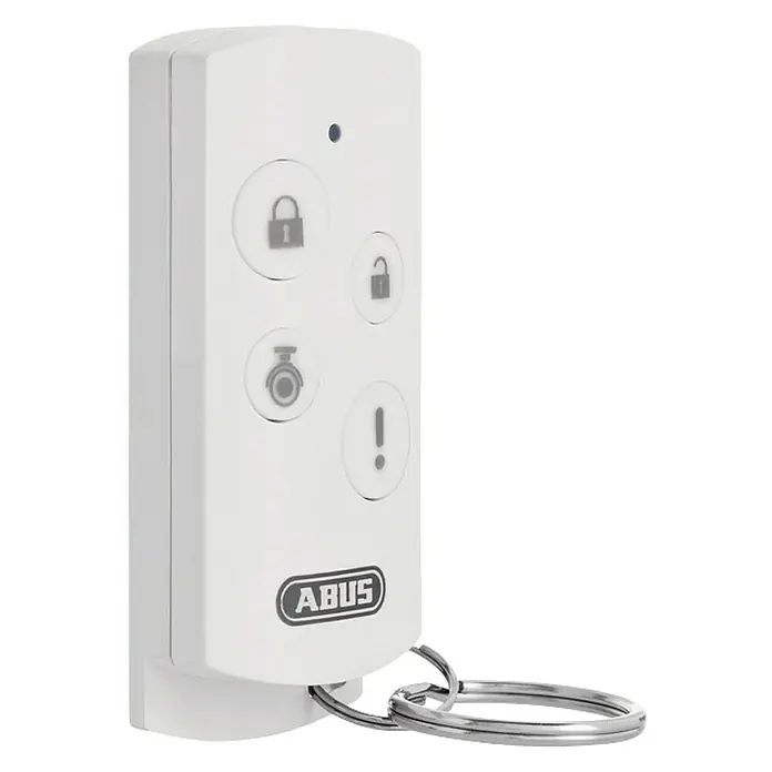 Abus Smartvest Alarmanlagen-Fernbedienung FUBE35001A - 14 x 30 x 60 mm - Nahaufnahme eines weißen ABUS-Handsenders mit vier Tasten und Schlüsselanhänger.