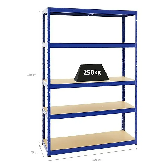 Proregal Schwerlastregal Big Elephant S - Traglast pro Boden: 250 kg, Anzahl Böden: 5 Stk., Stecken, Blau - Produktbild eines blauen Metallregals mit vier Ablagen und den Maßen 180cm Höhe, 120cm Breite und 45cm Tiefe.