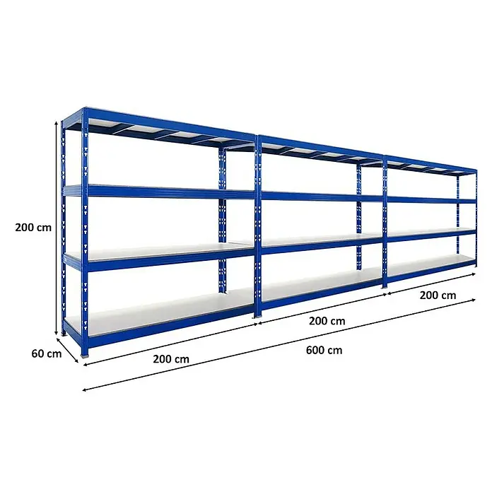 Proregal Schwerlastregal Mega Deal Profi RHINO - Traglast pro Boden: 500 kg, Anzahl Böden: 4 Stk., Stecken, Schwarz - Drei blaue Schwerlast-Metallregale, 200 cm hoch, 60 cm tief und insgesamt 600 cm lang, mit je vier Böden.