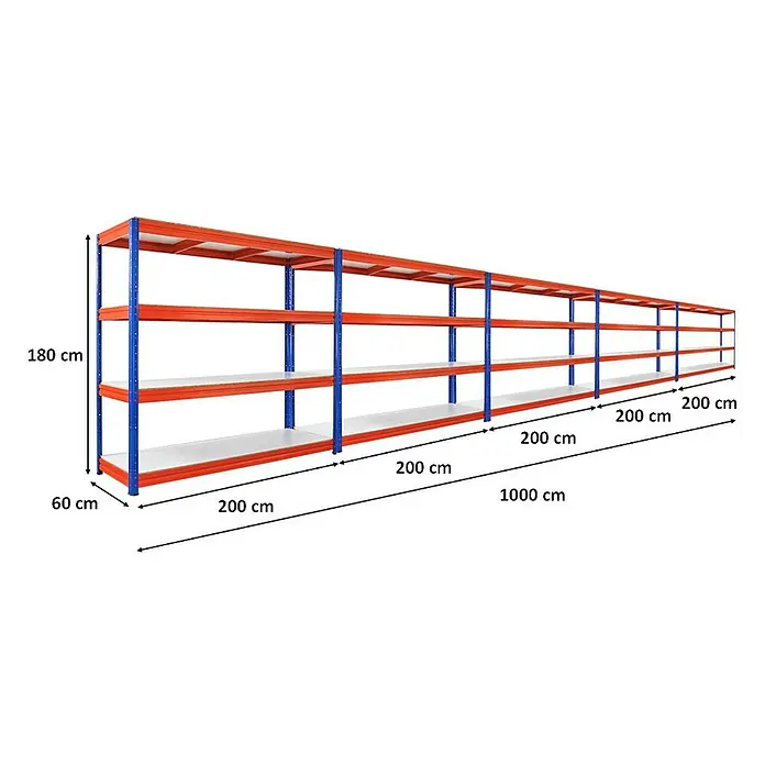 Proregal Schwerlastregal Mega Deal DINO - H x B x T: 180 x 200 x 60 cm, Traglast pro Boden: 500 kg, Anzahl Böden: 4 Stk., Stecken, Blau-Orange - Abbildung eines langen, mehrstöckigen Lagerregals in Blau und Orange mit Höhen- und Längenangaben.
