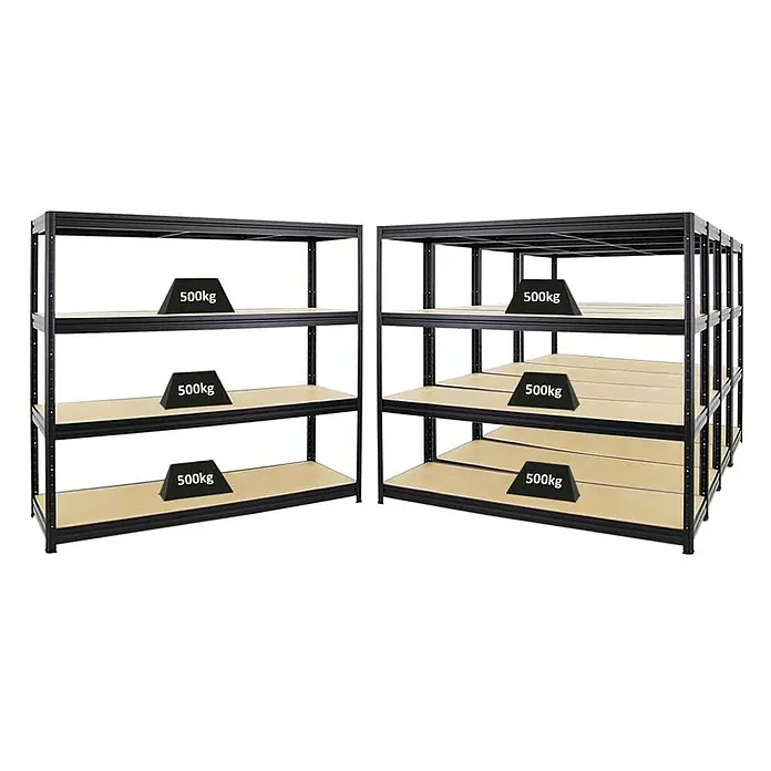 Proregal Schwerlastregal Mega Deal DINO - Traglast pro Boden: 500 kg, Anzahl Böden: 4 Stk., Stecken, Schwarz - Metallregale mit vier und fünf Ebenen, belastbar mit je 500 kg. Die Regale bieten eine stabile und zuverlässige Lagerlösung.