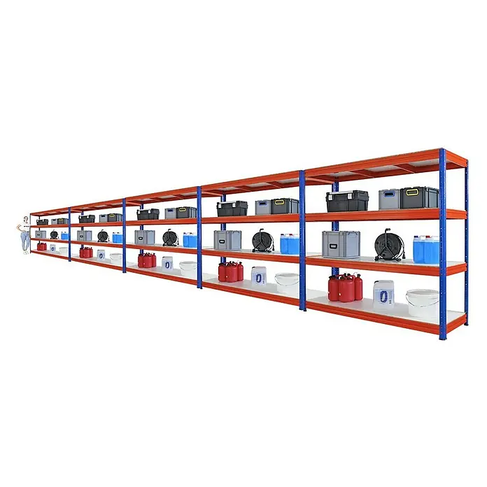 Proregal Schwerlastregal Mega Deal DINO - H x B x T: 180 x 200 x 60 cm, Traglast pro Boden: 500 kg, Anzahl Böden: 4 Stk., Stecken, Blau-Orange - Eine lange Reihe robuster Lagerregale in Orange und Blau, gefüllt mit Behältern, Kanistern und Kabeltrommeln, ideal für die Werkstatt oder Garage.