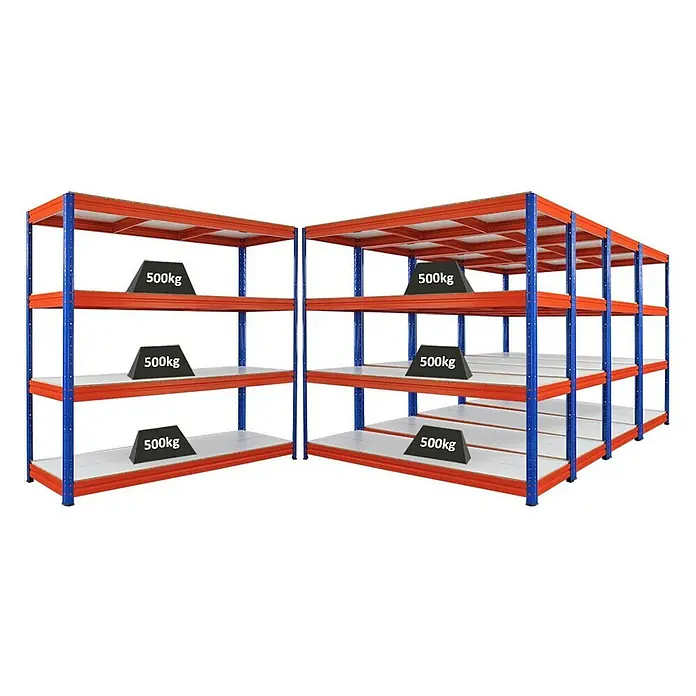 Proregal Schwerlastregal Mega Deal DINO - H x B x T: 180 x 200 x 60 cm, Traglast pro Boden: 500 kg, Anzahl Böden: 4 Stk., Stecken, Blau-Orange - Produktabbildung von blauen und orangen Lagerregalen mit Gewichten von 500 kg auf jeder Ebene, die eine robuste Lagerlösung demonstrieren.