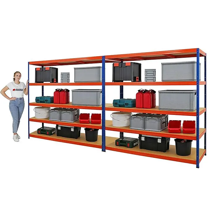 Proregal Schwerlastregal Mega Deal Giant Elephant - H x B x T: 180 x 180 x 60 cm, Traglast pro Boden: 200 kg, Anzahl Böden: 5 Stk., Stecken, Blau-Orange - Ein großes, modulares Schwerlastregal mit orangefarbenen Rahmen und Holzböden, beladen mit verschiedenen Aufbewahrungsbehältern.