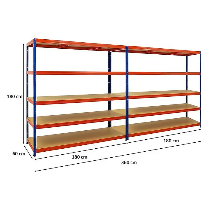 Proregal Schwerlastregal Mega Deal Giant Elephant - H x B x T: 180 x 180 x 60 cm, Traglast pro Boden: 200 kg, Anzahl Böden: 5 Stk., Stecken, Blau-Orange - Regal mit vier Regalböden, blauem Rahmen und orangefarbenen Regalen. Ideal für Lager und Werkstatt.\n