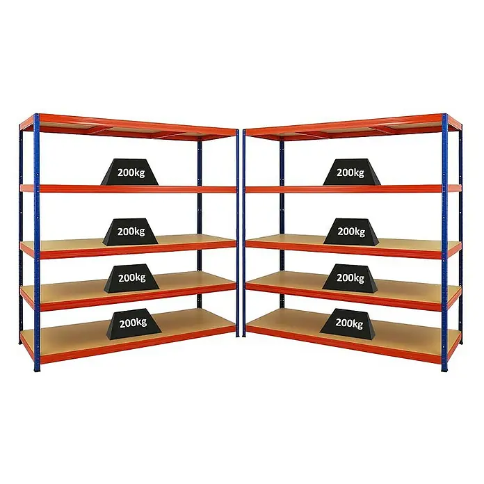Proregal Schwerlastregal Mega Deal Giant Elephant - H x B x T: 180 x 180 x 60 cm, Traglast pro Boden: 200 kg, Anzahl Böden: 5 Stk., Stecken, Blau-Orange - Bild von zwei Schwerlastregalen mit je vier Regalböden, auf denen Gewichte von 200 kg platziert sind. Ideal für Lager und Werkstatt.