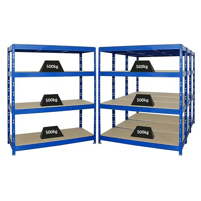 Proregal Schwerlastregal Mega Deal Profi RHINO - Traglast pro Boden: 500 kg, Anzahl Böden: 4 Stk., Stecken, Blau - Zwei blaue Schwerlastregale mit Holzregalböden und je drei Gewichten von 500 kg. Die Lagerregale sind für schwere Lasten geeignet.