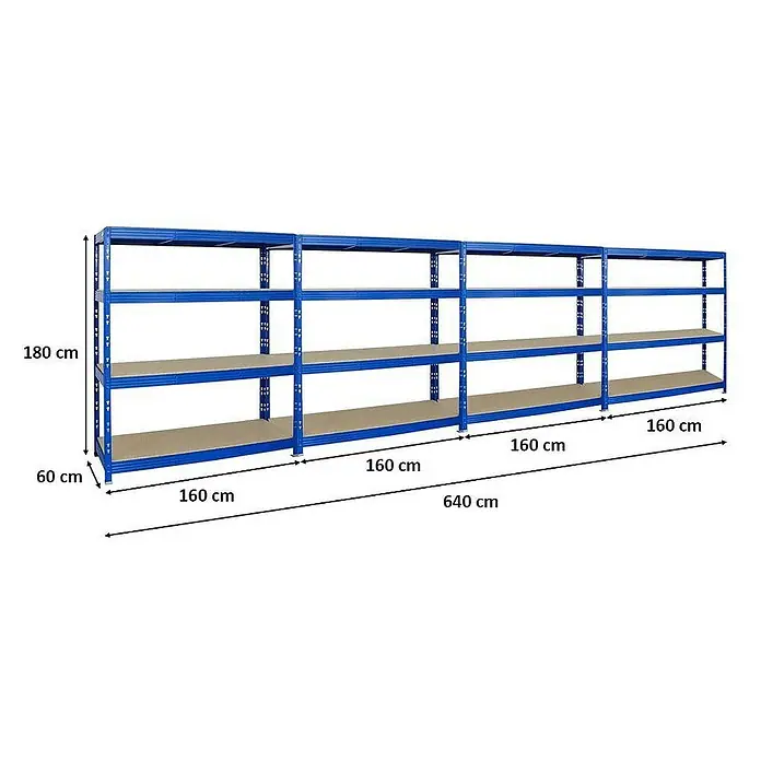 Proregal Schwerlastregal Mega Deal Profi RHINO - Traglast pro Boden: 500 kg, Anzahl Böden: 4 Stk., Stecken, Blau - Abbildung eines blauen Lagerregals mit vier Ebenen und den Maßen 180 cm Höhe, 60 cm Tiefe und 640 cm Breite.