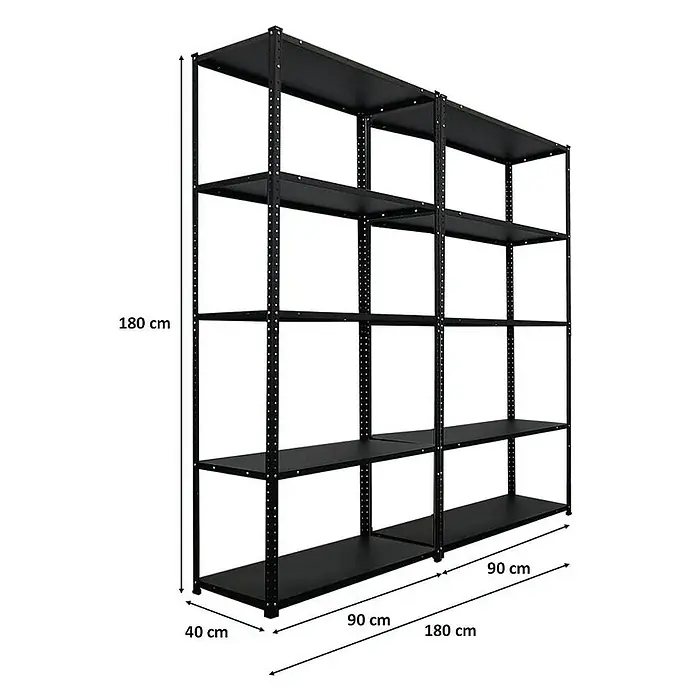 Proregal Metallregal Mega Deal Schraubregal Haldor - H x B x T: 180 x 90 x 40 cm, Traglast pro Boden: 100 kg, Anzahl Böden: 5 Stk., Schrauben, Schwarz - Abbildung eines schwarzen Metallregals mit fünf Ebenen. Das Regal ist 180 cm hoch und 180 cm breit.