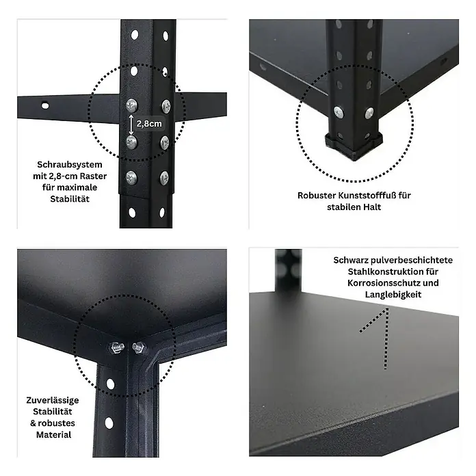 Proregal Metallregal Mega Deal Schraubregal Haldor - H x B x T: 180 x 90 x 40 cm, Traglast pro Boden: 100 kg, Anzahl Böden: 5 Stk., Schrauben, Schwarz - Details des Schwerlastregals mit Schraubsystem, Kunststofffüßen und pulverbeschichteter Stahlkonstruktion für Stabilität und Langlebigkeit.