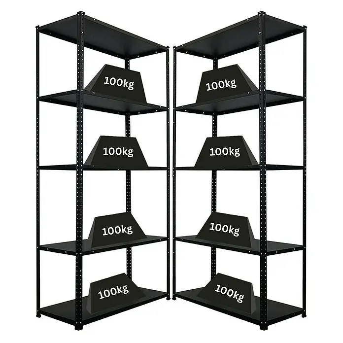 Proregal Metallregal Mega Deal Schraubregal Haldor - H x B x T: 180 x 90 x 40 cm, Traglast pro Boden: 100 kg, Anzahl Böden: 5 Stk., Schrauben, Schwarz - Abbildung von zwei schwarzen Metallregalen, die jeweils mit Gewichten von 100 kg auf jeder Ebene belastet sind.