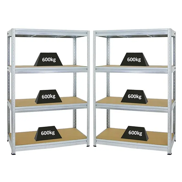 Proregal Schwerlastregal Mega Deal DINO - H x B x T: 180 x 120 x 60 cm, Traglast pro Boden: 600 kg, Anzahl Böden: 4 Stk., Stecken, Verzinkt - Regal mit vier Ebenen, jede mit einer Last von 600 kg. Robuste Konstruktion für hohe Belastungen im Lager.