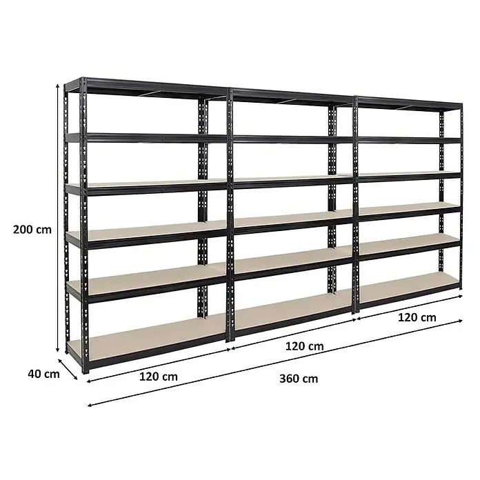 Proregal Schwerlastregal Mega Deal Giant Tiger - Traglast pro Boden: 265 kg, Anzahl Böden: 6 Stk., Stecken, Schwarz - Abgebildet ist ein modulares Schwerlastregal mit 5 Ebenen, ideal für Lagerung und Organisation. Die Maße sind deutlich angegeben.
