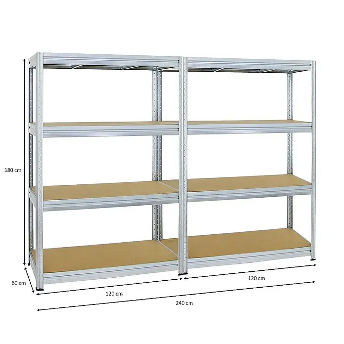 Proregal Schwerlastregal Mega Deal DINO - H x B x T: 180 x 120 x 60 cm, Traglast pro Boden: 600 kg, Anzahl Böden: 4 Stk., Stecken, Verzinkt - Bild eines silbernen Metallregals mit vier Holzregalböden, das die Abmessungen des Regals zeigt.