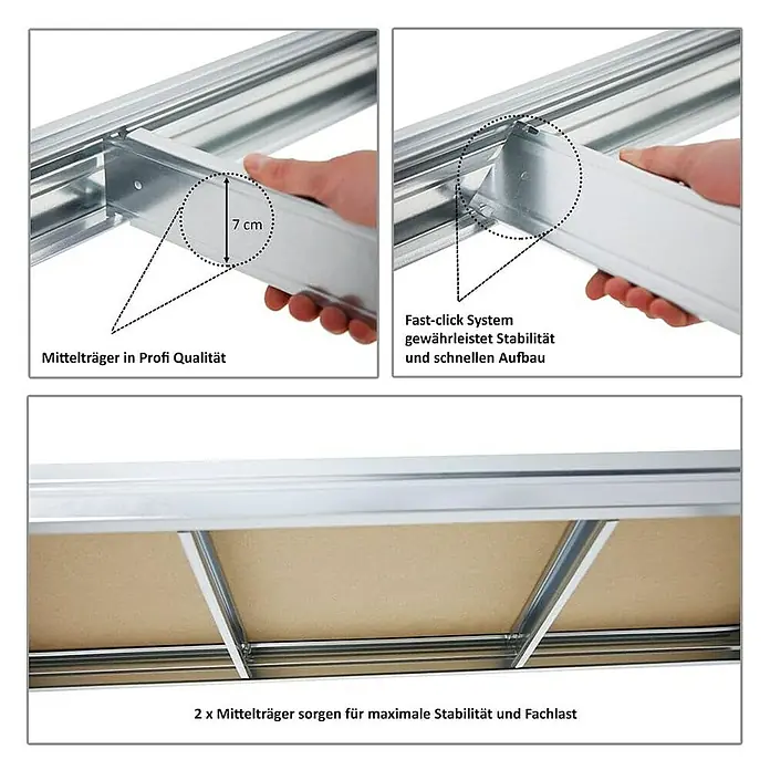 Proregal Schwerlastregal Mega Deal DINO - H x B x T: 180 x 120 x 60 cm, Traglast pro Boden: 600 kg, Anzahl Böden: 4 Stk., Stecken, Verzinkt - Detailansicht eines Regalsystems mit Fokus auf die Mittelträger und das Fast-Click-System für Stabilität und einfachen Aufbau.