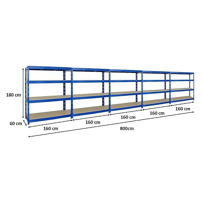 Proregal Schwerlastregal Mega Deal Profi RHINO - Traglast pro Boden: 500 kg, Anzahl Böden: 4 Stk., Stecken, Blau - Ein blaues Schwerlastregal mit vier Ebenen und den Maßen 180 cm Höhe, 60 cm Tiefe und 800 cm Breite für den Einsatz im Lagerbereich.