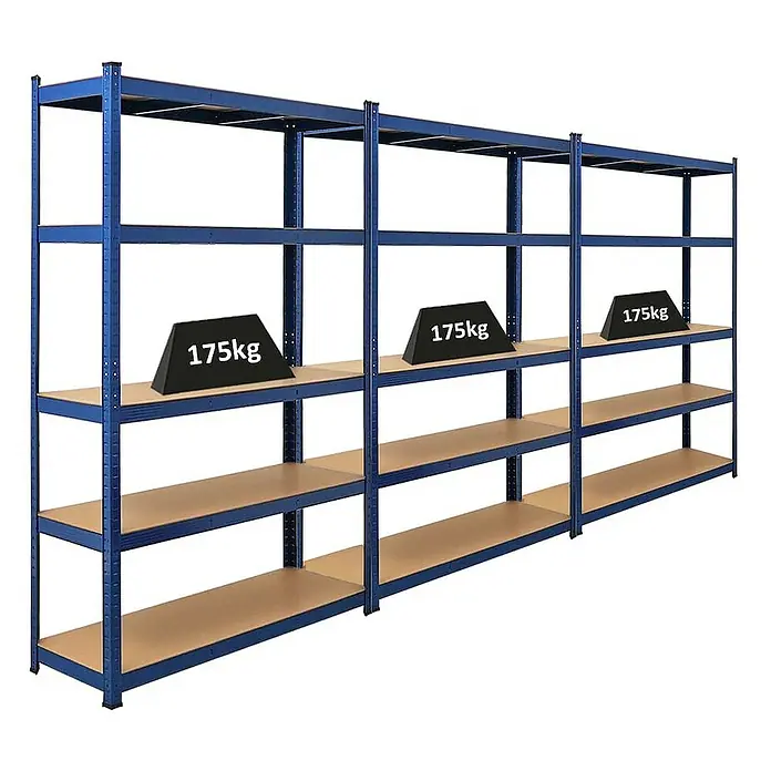 Proregal Schwerlastregal Mega Deal Ragnar - H x B x T: 180 x 120 x 40 cm, Traglast pro Boden: 175 kg, Anzahl Böden: 5 Stk., Stecken, Blau - Regal mit vier Ablagen und Gewichten auf der obersten Ebene.