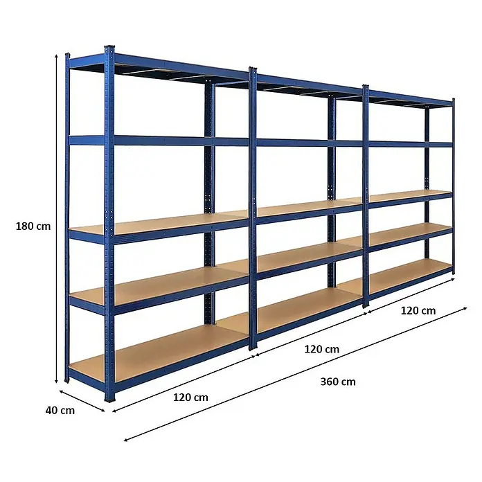 Proregal Schwerlastregal Mega Deal Ragnar - H x B x T: 180 x 120 x 40 cm, Traglast pro Boden: 175 kg, Anzahl Böden: 5 Stk., Stecken, Blau - Lagerregal mit vier Regalböden aus Holz und blauem Metallrahmen. Die Gesamtmaße betragen 360 x 40 x 180 cm.