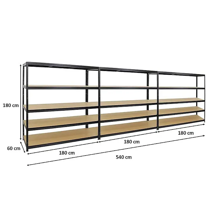 Proregal Schwerlastregal Mega Deal Giant Elephant - Traglast pro Boden: 200 kg, Anzahl Böden: 5 Stk., Stecken, Schwarz - Ein großes, schwarzes Metallregal mit fünf Regalböden und den Maßen 180 cm Höhe, 60 cm Tiefe und 540 cm Breite.